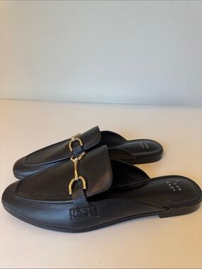a new day Black Leather Mule Loafers with Gold Hardware